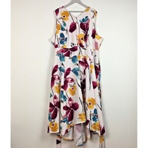 LANE BRYANT Womens Sz 28 Dress Maxi White Multicolor Floral Tie Waist Vacation